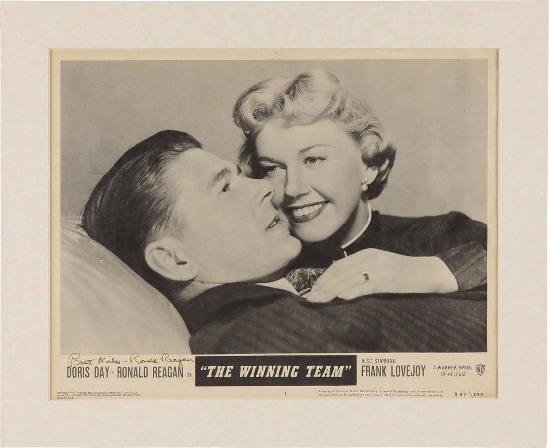 Ronald Reagan Signed Lobby Card The Winning Team PSA DNA GEM MINT 10: Ronald Reagan Signed Lobby Card The Winning Team PSA DNA GEM MINT 10 This original lobby card from the 1957 Warner Bros. re-release of "The Winning Team" features a stunning signature from President R