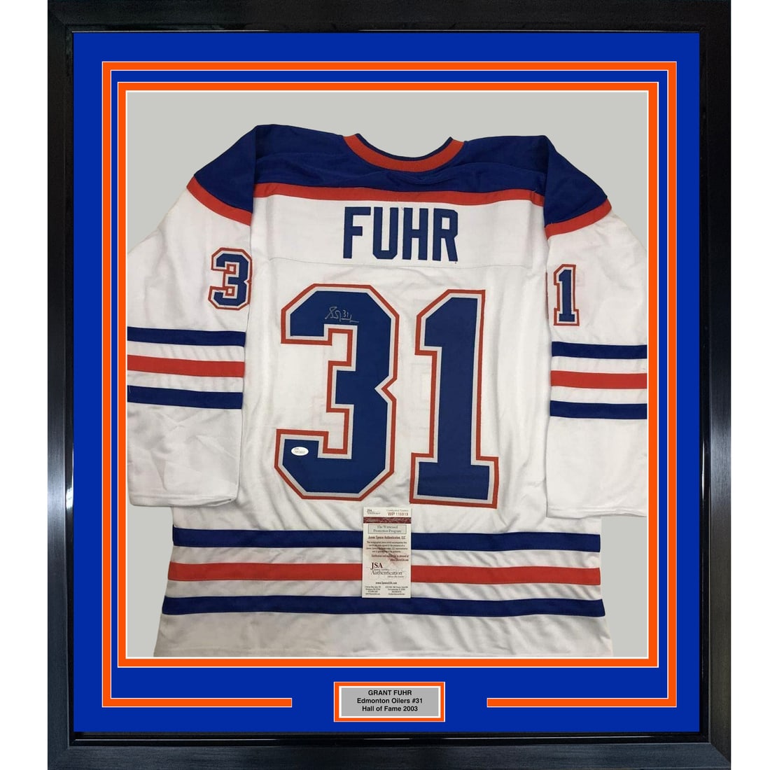 Framed Grant Fuhr signed Edmonton Oilers white jersey JSA COA 33x42 (1 of 2)