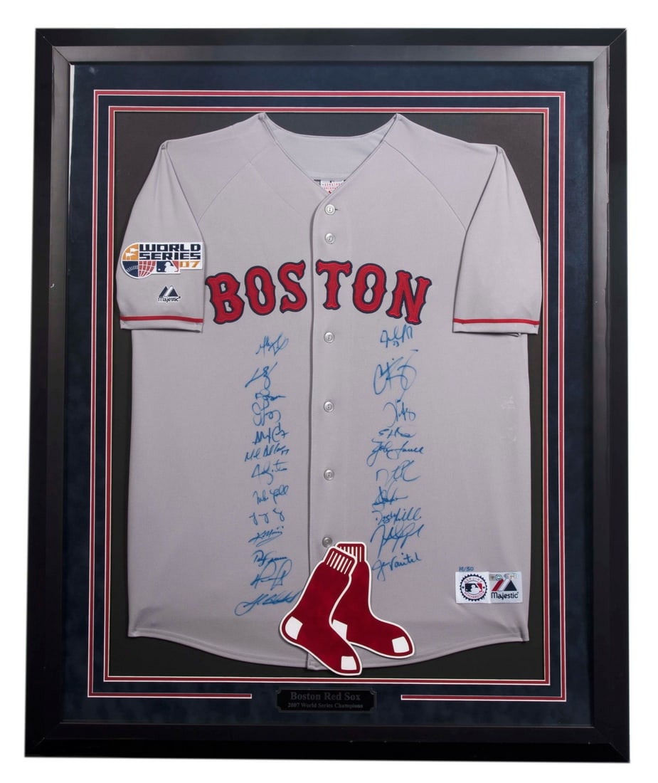 2007 Boston Red Sox Signed World Series Jersey with 23 Signatures Steiner COA: 2007 Boston Red Sox Signed World Series Jersey with 23 Signatures Steiner COA Celebrate the triumph of the 2007 Boston Red Sox with this signed World Series jersey. This original gray jersey features 