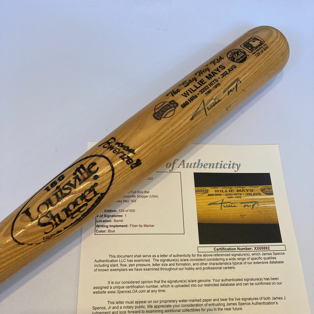 Willie Mays Signed Commemorative Baseball Bat JSA COA: Willie Mays Signed Commemorative Baseball Bat JSA COA This commemorative baseball bat celebrates the legendary Willie Mays, known as "The Say Hey Kid." Authentically signed by Mays, this bat comes wit