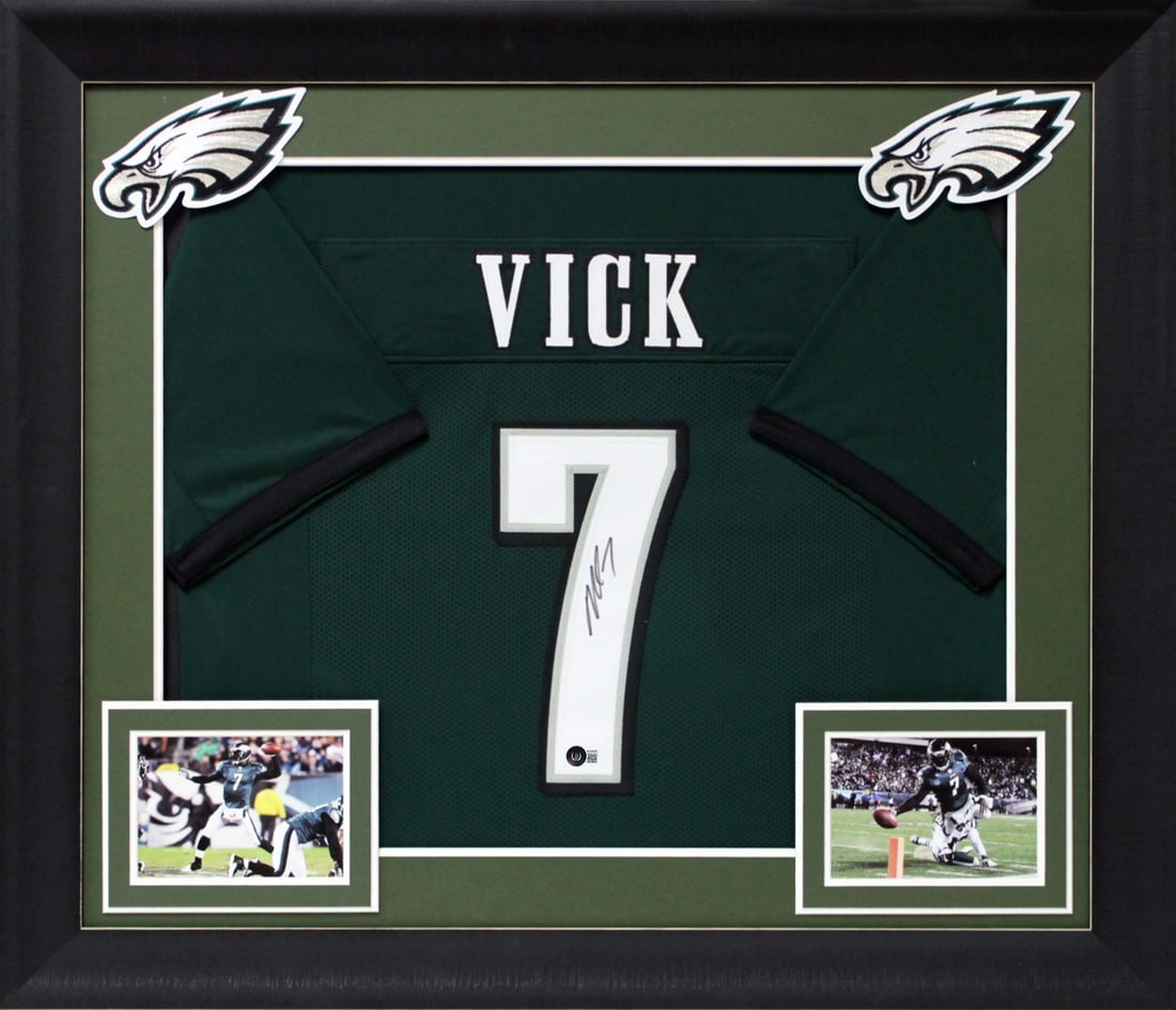 Framed Philadelphia Eagles Jersey Signed by Michael Vick with Beckett Authentication: Framed Philadelphia Eagles Jersey Signed by Michael Vick with Beckett Authentication This professionally framed green Pro Style jersey has been personally signed by Michael Vick of the Philadelphia Ea