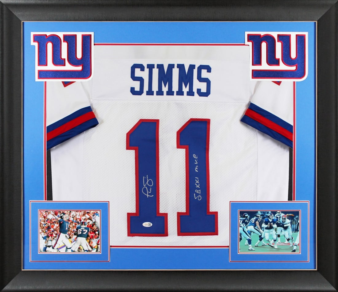 Phil Simms autographed framed blue jersey SB XXI MVP JSA Witnessed (1 of 2)