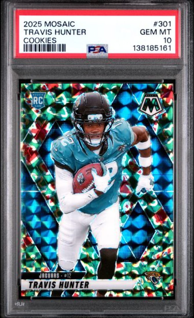 PSA 10 Travis Hunter Cookies Case Hit Rookie 2025 Mosaic Football Card #301: PSA 10 Travis Hunter Cookies Case Hit Rookie 2025 Mosaic Football Card #301 This is an original 2025 Panini Mosaic Travis Hunter #301 Cookies Case Hit rookie card. The card is professionally graded PS
