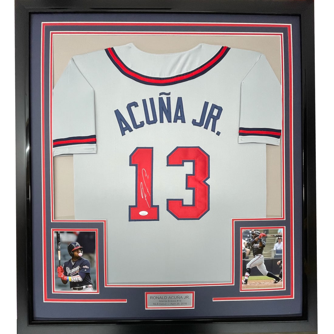 Framed Signed Ronald Acuna Jr. Jersey 33x42 Atlanta Braves JSA COA: Framed Signed Ronald Acuna Jr. Jersey 33x42 Atlanta Braves JSA COA This professionally framed and matted autographed jersey features Ronald Acuna Jr., a standout player for the Atlanta Braves. Measuri