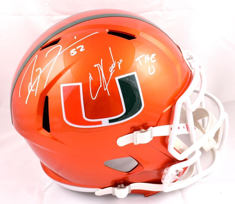 Miami Hurricanes Flash Speed Helmet signed by Ray Lewis and Ed Reed BAS: Miami Hurricanes Flash Speed Helmet signed by Ray Lewis and Ed Reed BAS Original signed football helmet featuring Ray Lewis and Ed Reed with a Beckett W hologram. It is associated with the Miami Hurri