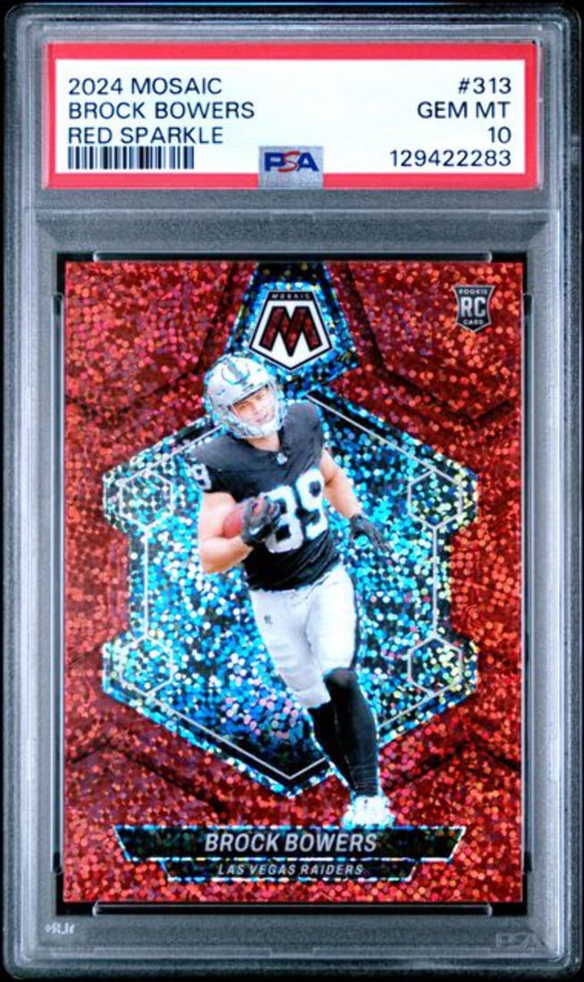 2024 Panini Mosaic Brock Bowers #313 Red Sparkle RC PSA 10 Authentic Football Card: 2024 Panini Mosaic Brock Bowers #313 Red Sparkle RC PSA 10 Authentic Football Card This 2024 Panini Mosaic Brock Bowers #313 Red Sparkle RC Football Card is a collector's gem, graded a perfect PSA 10 