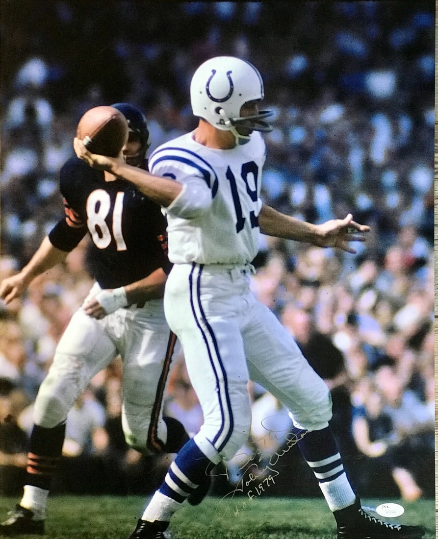 Johnny Unitas Autographed 16x20 Photo Best Wishes HOF 1979 JSA: Johnny Unitas Autographed 16x20 Photo Best Wishes HOF 1979 JSA This is an original 16x20 color photograph of Johnny Unitas, the legendary quarterback for the Baltimore Colts. The photo is beautifully 
