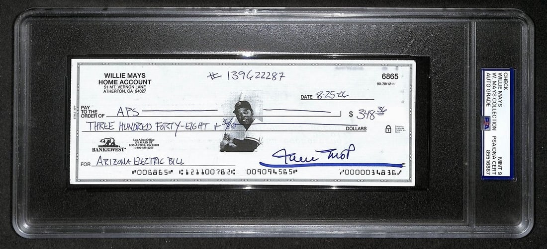 2006 Willie Mays HOF autographed bank check PSA DNA Mint 9: 2006 Willie Mays HOF autographed bank check PSA DNA Mint 9 Original 2006 bank check signed by Willie Mays and noted as HOF. The autograph is authenticated by PSA/DNA, graded MINT 9, and encapsulated i