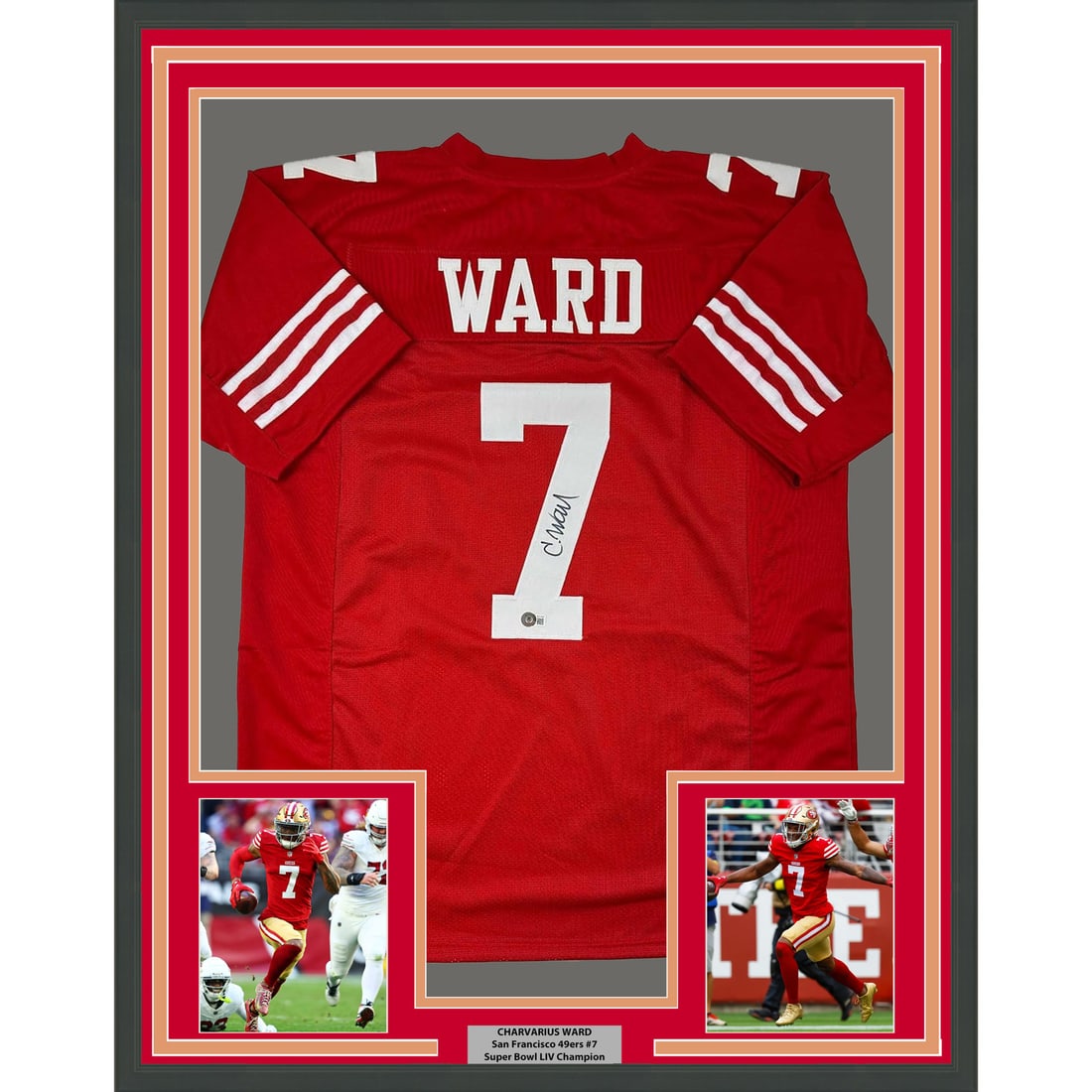 Framed Charvarius Ward signed 33x42 49ers red jersey BAS COA: Framed Charvarius Ward signed 33x42 49ers red jersey BAS COA This professionally framed and matted display features a San Francisco 49ers red jersey autographed by Charvarius Ward. The piece includes 