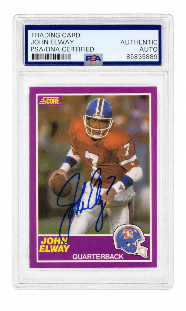 PSA DNA authenticated John Elway 1989 Score Supplemental Broncos card 339S: PSA DNA authenticated John Elway 1989 Score Supplemental Broncos card 339S Signed 1989 Score Supplemental football trading card #339S featuring John Elway of the Denver Broncos. The autograph is authe