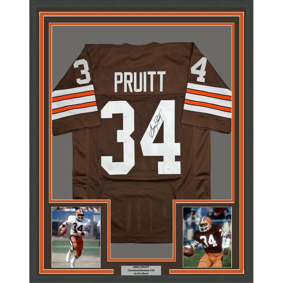 Greg Pruitt Signed Cleveland Browns Jersey Display with 5x7 Photos Framed 35x39: Greg Pruitt Signed Cleveland Browns Jersey Display with 5x7 Photos Framed 35x39 This is a framed Cleveland Browns jersey autographed by Greg Pruitt. The jersey comes professionally framed and matted, 