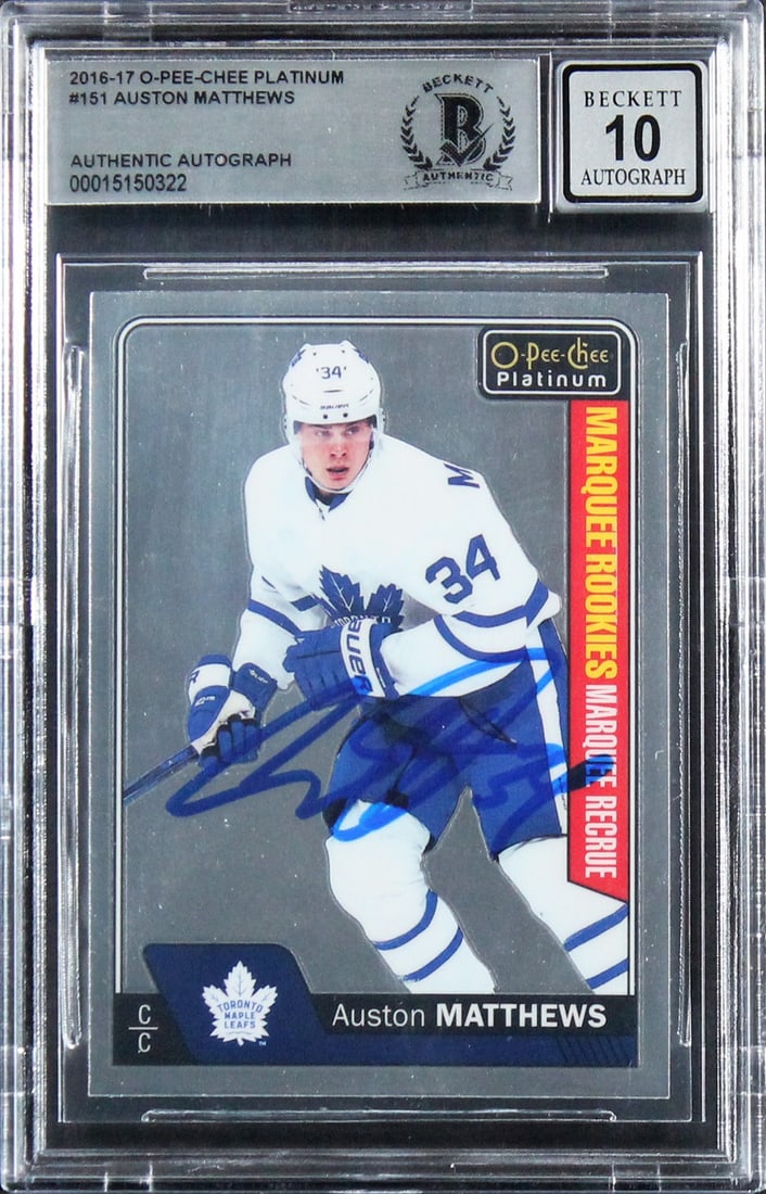 Auston Matthews 2016 O-Pee-Chee Platinum Rookie Auto Beckett Gem Mint 10: Auston Matthews 2016 O-Pee-Chee Platinum Rookie Auto Beckett Gem Mint 10 This 2016 O-Pee-Chee Platinum #151 Rookie Card features Auston Matthews of the Toronto Maple Leafs and has been personally sign