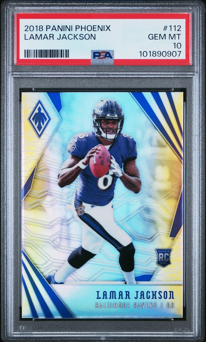 Graded 2018 Panini Phoenix Lamar Jackson Rookie Card PSA 10: Graded 2018 Panini Phoenix Lamar Jackson Rookie Card PSA 10 This is a graded 2018 Panini Phoenix Lamar Jackson #112 Rookie RC Football Card, achieving a prestigious grade of PSA 10. The card showcases