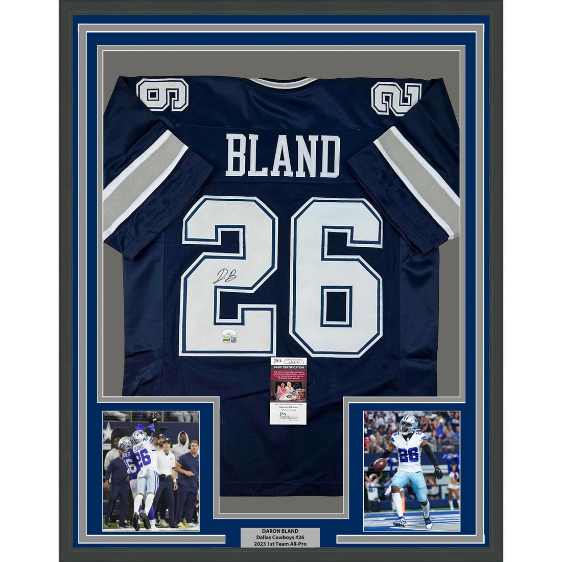 Daron Bland signed Dallas Cowboys jersey 35x39 framed JSA COA: Daron Bland signed Dallas Cowboys jersey 35x39 framed JSA COA This professionally framed and matted Dallas Cowboys blue football jersey features the autograph of Daron Bland. The display includes two 