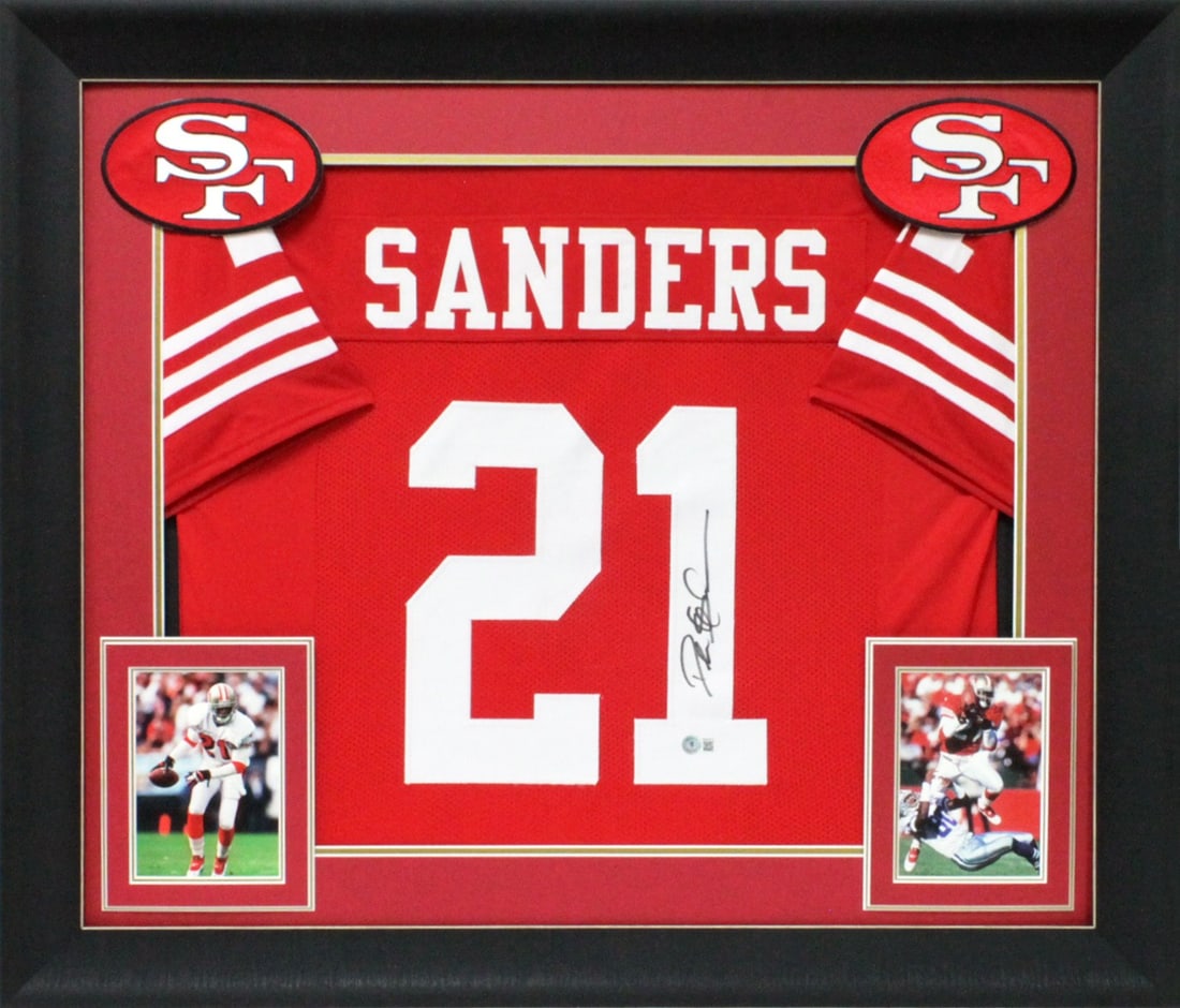 Deion Sanders Signed Framed Jersey San Francisco 49ers BAS Witnessed 32 x 37: Deion Sanders Signed Framed Jersey San Francisco 49ers BAS Witnessed 32 x 37 This authentic red pro style framed jersey has been personally signed by Deion Sanders, a renowned player of the San Franci