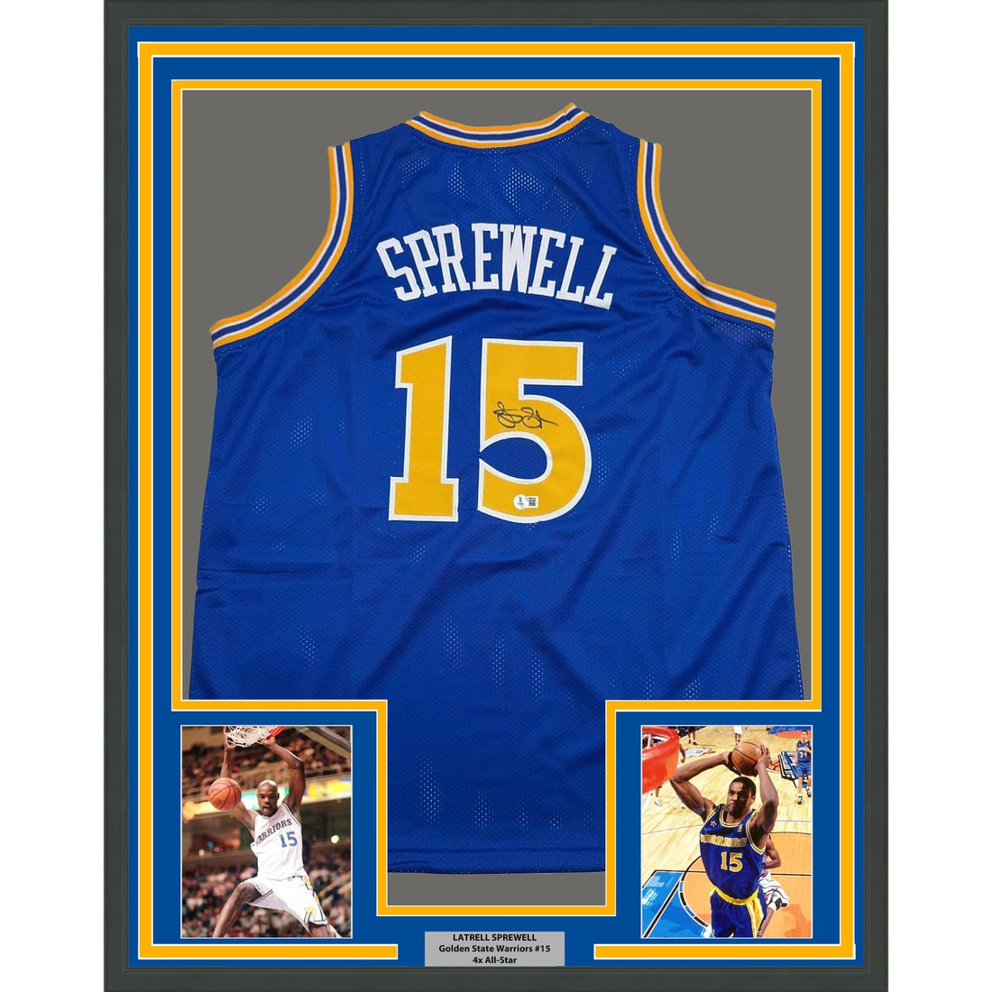 35x39 Framed Latrell Sprewell Signed Warriors Jersey JSA Authenticated: 35x39 Framed Latrell Sprewell Signed Warriors Jersey JSA Authenticated Professionally framed and matted Golden State Warriors jersey signed by Latrell Sprewell. This original autographed display inclu