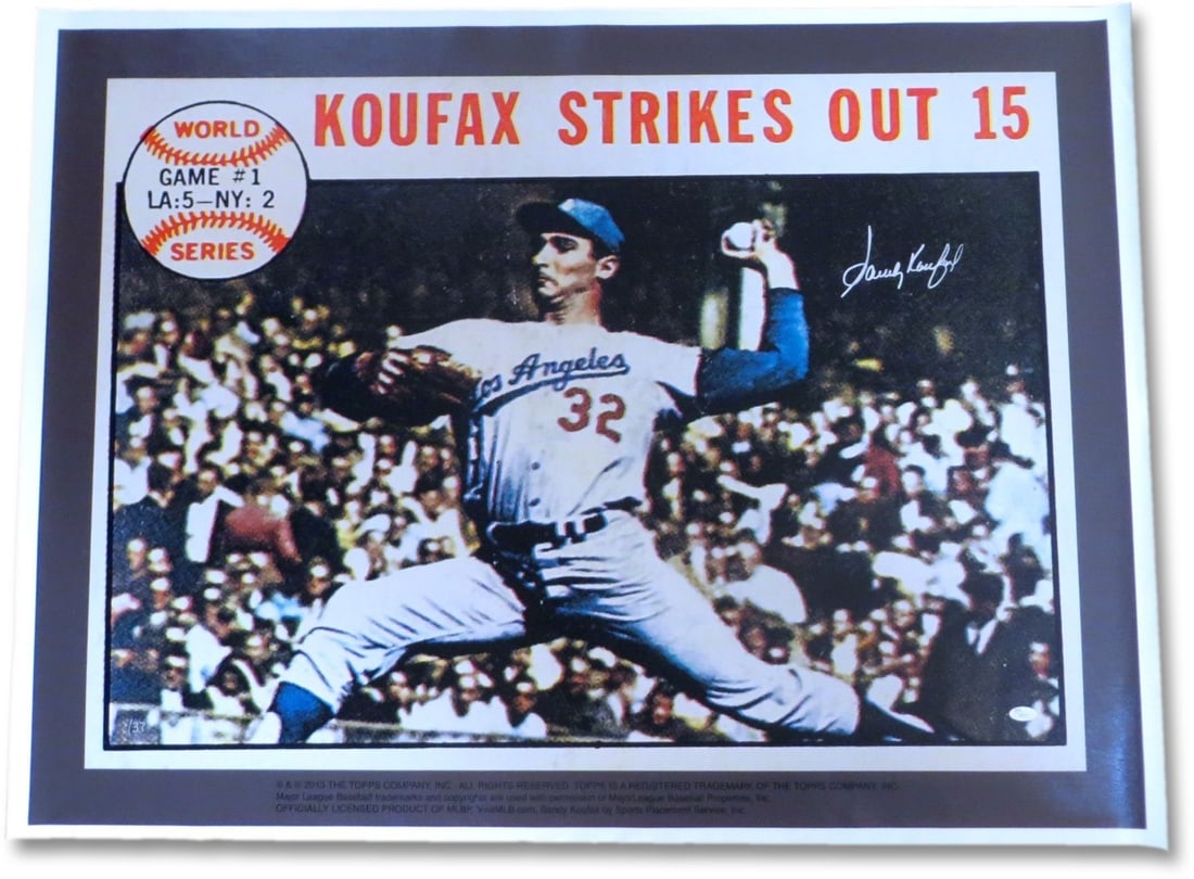 Sandy Koufax Autographed 31x42 Canvas Dodgers World Series JSA Authenticated: Sandy Koufax Autographed 31x42 Canvas Dodgers World Series JSA Authenticated This stunning un-stretched canvas features the legendary Sandy Koufax, a prominent player for the Los Angeles Dodgers. Meas