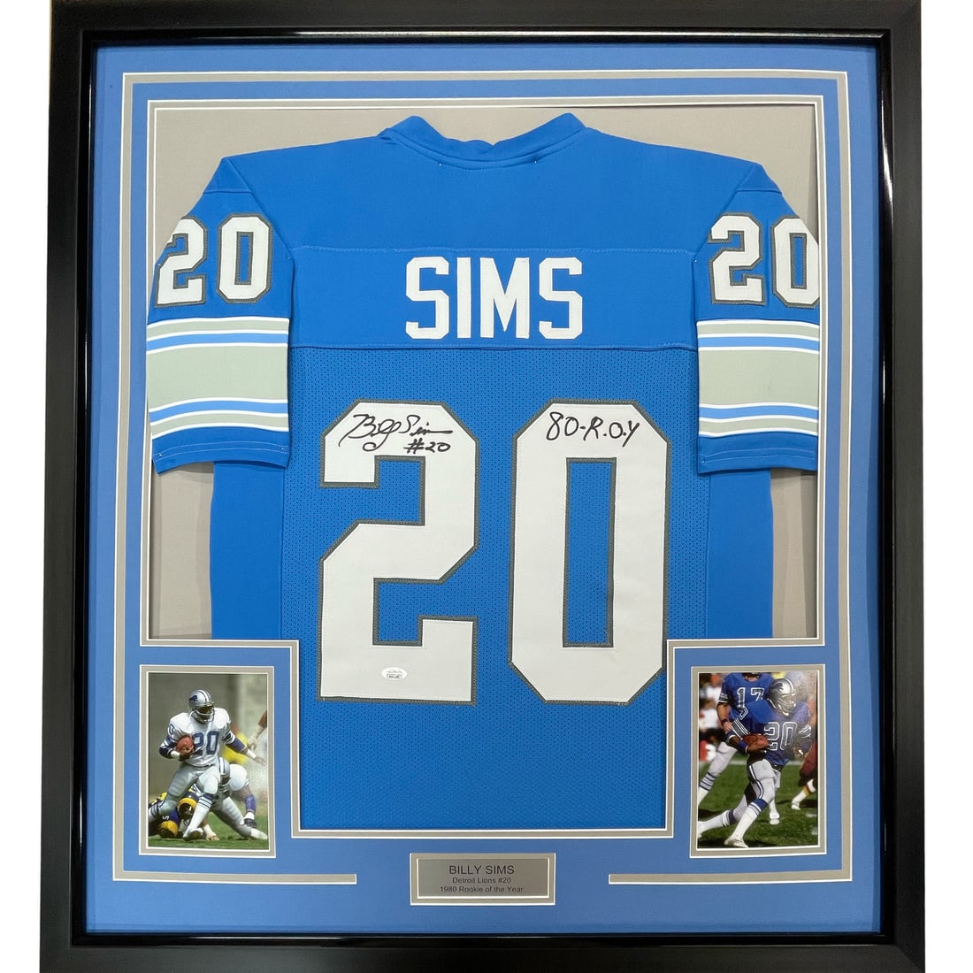 Billy Sims signed Detroit Lions blue jersey framed JSA COA 33x42 (1 of 3)