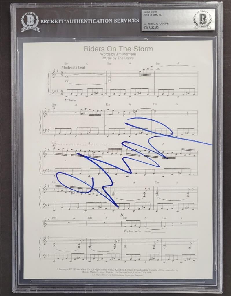 John Densmore Autographed Riders of the Storm 8x10 Photo Beckett Authenticated: John Densmore Autographed Riders of the Storm 8x10 Photo Beckett Authenticated This is an original 8x10 photograph featuring song lyrics from 'Riders of the Storm,' personally signed by John Densmore 