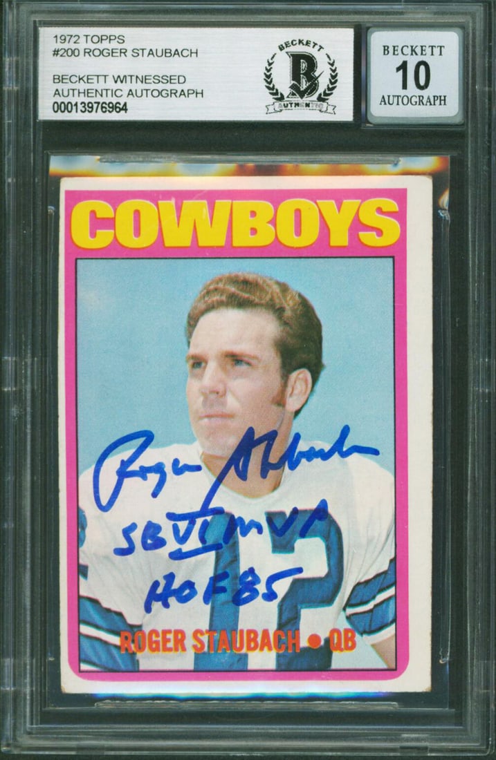 Roger Staubach Signed 1972 Topps Rookie Card With Inscriptions Auto 10 Beckett Slab: Roger Staubach Signed 1972 Topps Rookie Card With Inscriptions Auto 10 Beckett Slab This 1972 Topps #200 rookie card features Roger Staubach of the Dallas Cowboys and has been personally signed by him