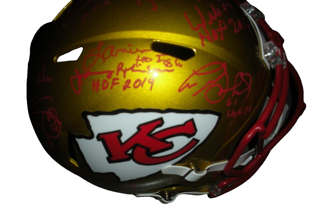 Full Size Kansas City Chiefs Helmet Signed by Bobby Bell JSA COA: Full Size Kansas City Chiefs Helmet Signed by Bobby Bell JSA COA This collectible Kansas City Chiefs full-size replica helmet has been signed by Bobby Bell and nineteen other legendary players. The he