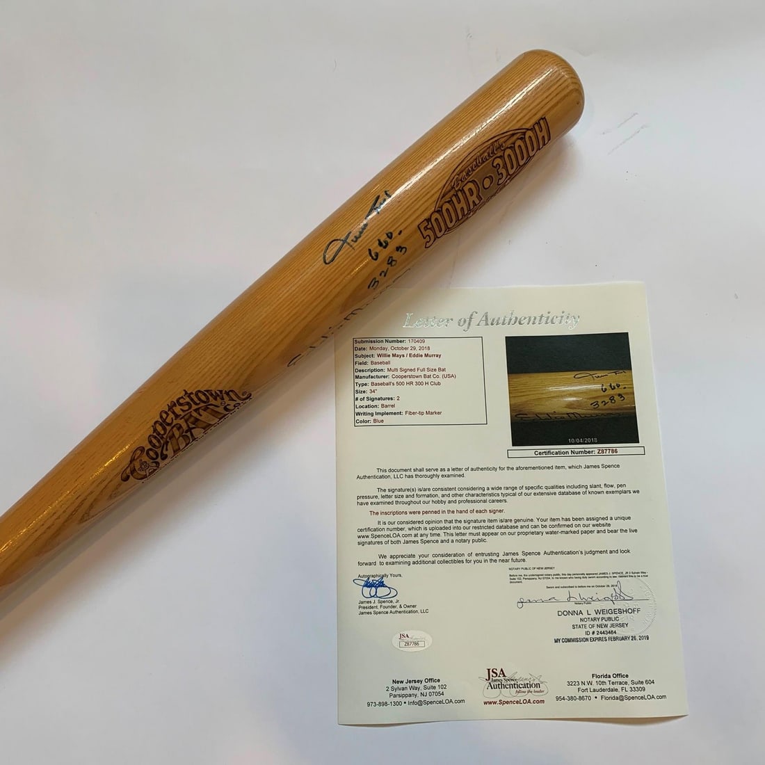 Willie Mays Eddie Murray Signed Limited Edition Bat JSA COA 660 HR 504 HR: Willie Mays Eddie Murray Signed Limited Edition Bat JSA COA 660 HR 504 HR This is a rare limited edition baseball bat featuring the signatures of two legendary players, Willie Mays and Eddie Murray. T