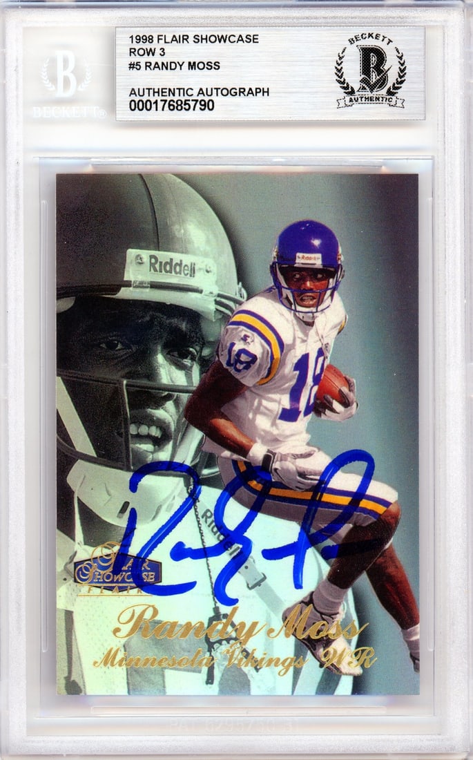 Randy Moss 1998 Flair Showcase Row 3 #5 Autographed Rookie Card: Randy Moss 1998 Flair Showcase Row 3 #5 Autographed Rookie Card 1998 Flair Showcase Row 3 #5 Randy Moss rookie autographed football trading card featuring Randy Moss of the Minnesota Vikings. It is an