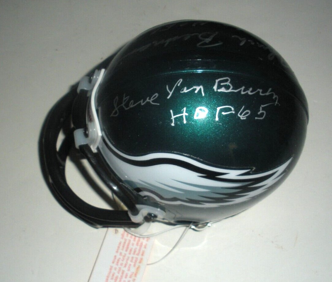 Philadelphia Eagles Mini Helmet Signed by Steve Van Buren and Chuck Bednarik COA: Philadelphia Eagles Mini Helmet Signed by Steve Van Buren and Chuck Bednarik COA This pre-owned mini helmet is signed by Steve Van Buren and Chuck Bednarik, both Hall of Fame players for the Philadelp