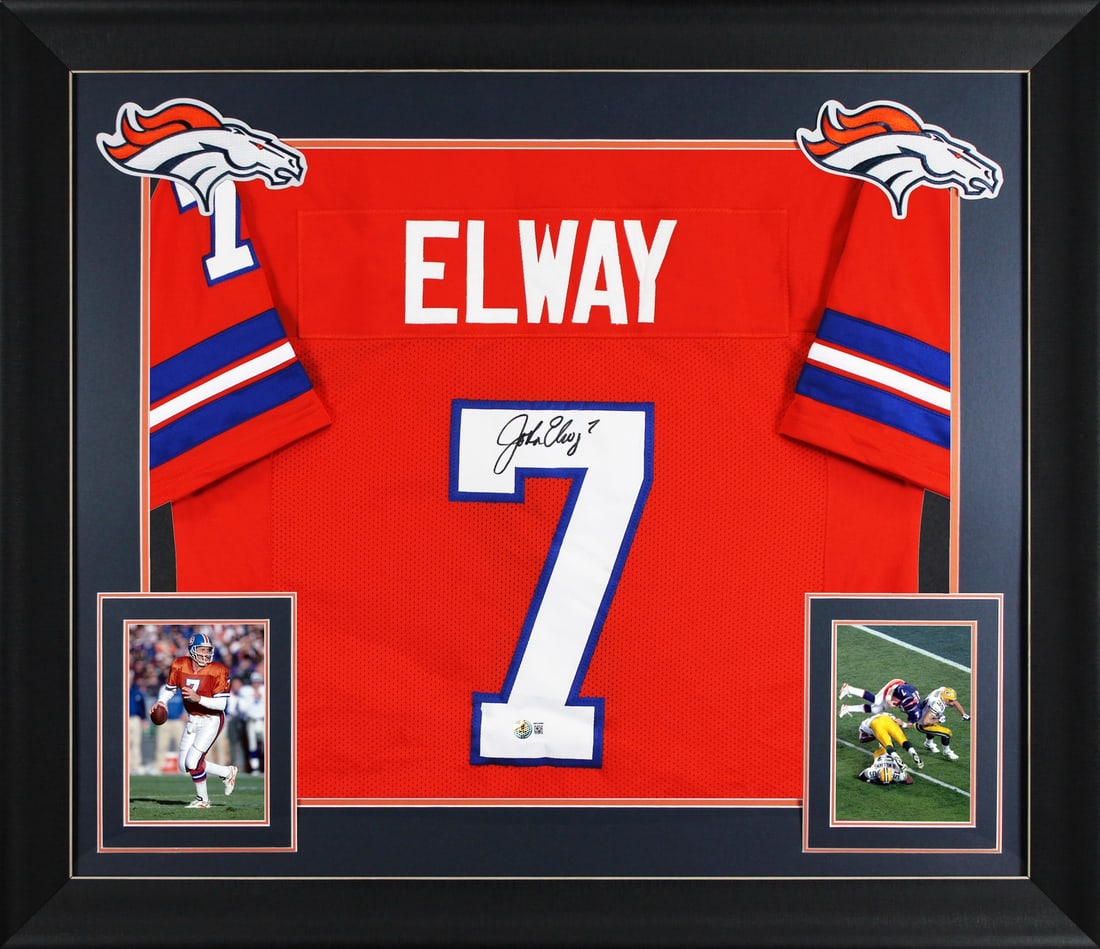 Framed Denver Broncos jersey signed by John Elway BAS witnessed: Framed Denver Broncos jersey signed by John Elway BAS witnessed This professionally framed orange throwback Pro Style jersey features the authentic hand signature of John Elway from the Denver Broncos