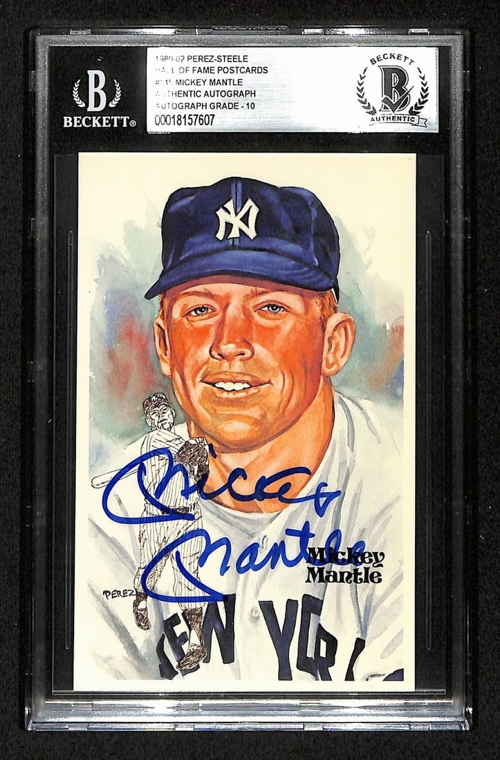 1981 Perez-Steele Postcard Signed by Mickey Mantle GEM MINT 10 BAS: 1981 Perez-Steele Postcard Signed by Mickey Mantle GEM MINT 10 BAS This is an original 1981 Perez-Steele postcard featuring a signature from Hall of Famer Mickey Mantle. The postcard is authenticated 
