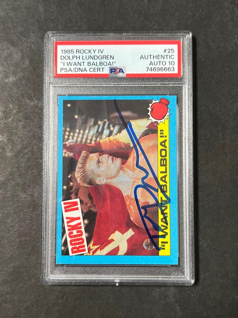 1985 Topps Rocky IV #25 Dolph Lundgren Signed Card PSA/DNA Auto 10: 1985 Topps Rocky IV #25 Dolph Lundgren Signed Card PSA/DNA Auto 10 This is a 1985 Topps Rocky IV #25 sports trading card featuring the autograph of Dolph Lundgren, who portrayed Ivan Drago in the film