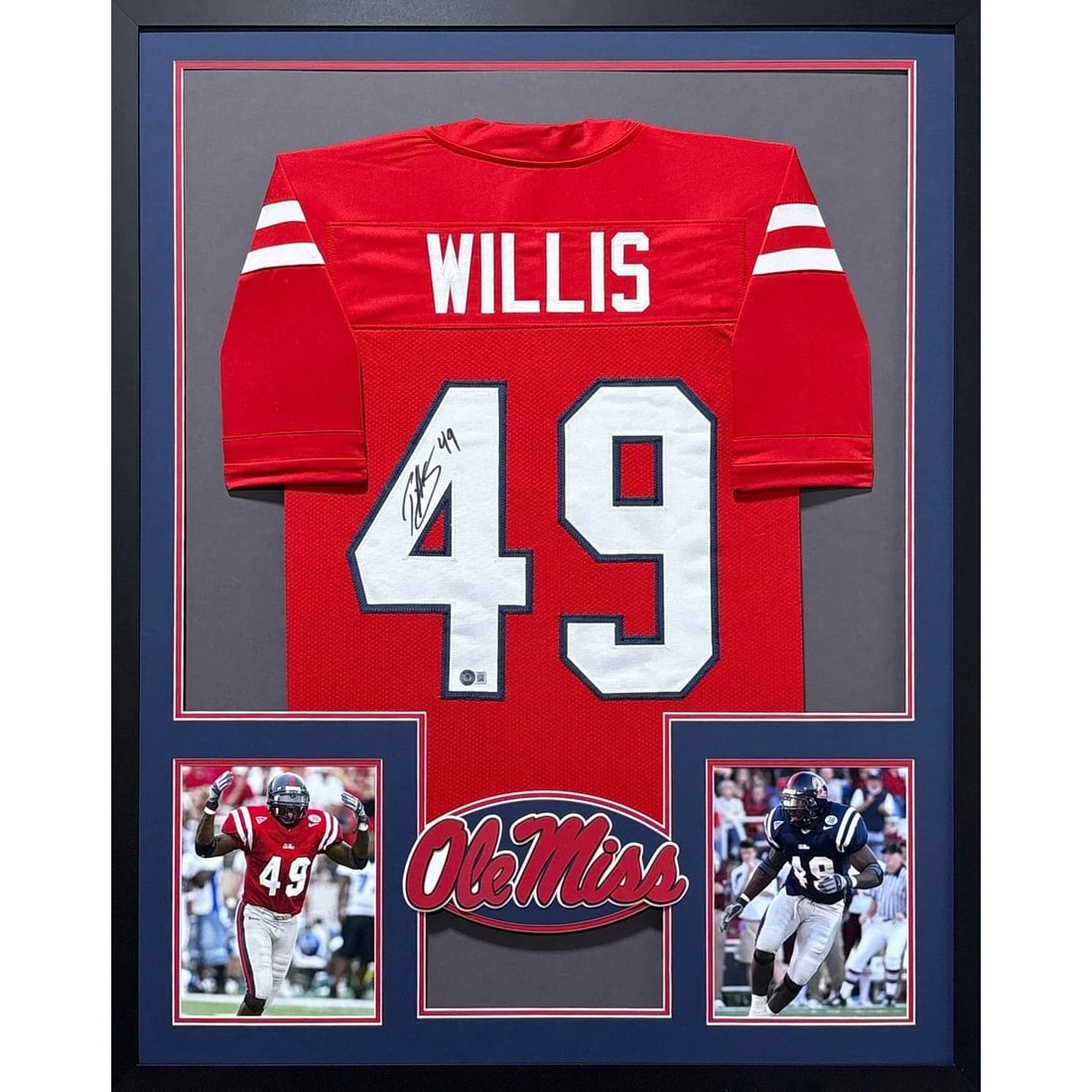 Framed Patrick Willis Autographed Ole Miss Red Jersey Beckett: Framed Patrick Willis Autographed Ole Miss Red Jersey Beckett This is a framed red Ole Miss jersey autographed by Patrick Willis. The jersey is professionally framed with attention to detail and featu