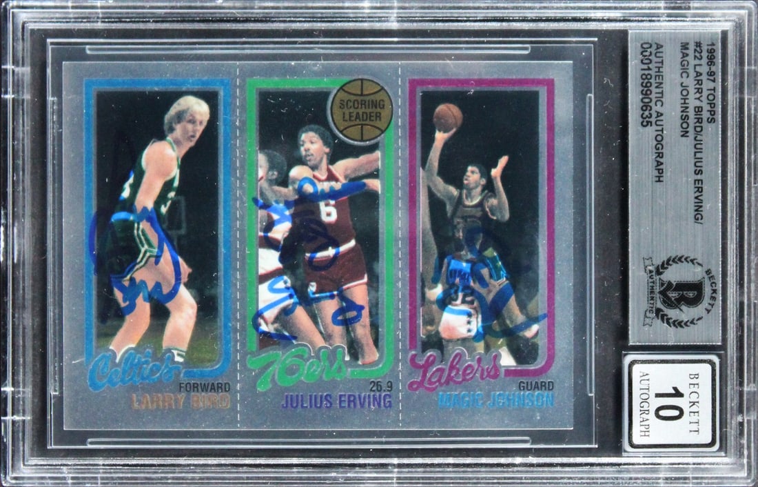 1996 Topps #22 Card Signed by Bird Erving Magic Johnson BAS Auto 10: 1996 Topps #22 Card Signed by Bird Erving Magic Johnson BAS Auto 10 This 1996 Topps #22 basketball card has been personally signed by Larry Bird, Julius Erving, and Magic Johnson. The card is slabbed 