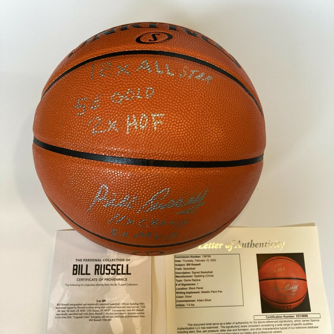 Bill Russell autographed Spalding NBA basketball with career inscriptions JSA COA: Bill Russell autographed Spalding NBA basketball with career inscriptions JSA COA This official Spalding NBA basketball is autographed by Bill Russell and features multiple statistical inscriptions, i