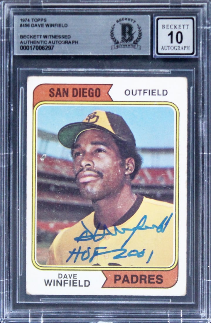Dave Winfield Signed 1974 Topps #456 HOF 2001 Gem Mint 10 Beckett: Dave Winfield Signed 1974 Topps #456 HOF 2001 Gem Mint 10 Beckett This is a signed 1974 Topps #456 baseball card featuring Hall of Famer Dave Winfield, who inscribed it with "HOF 2001". This card has 