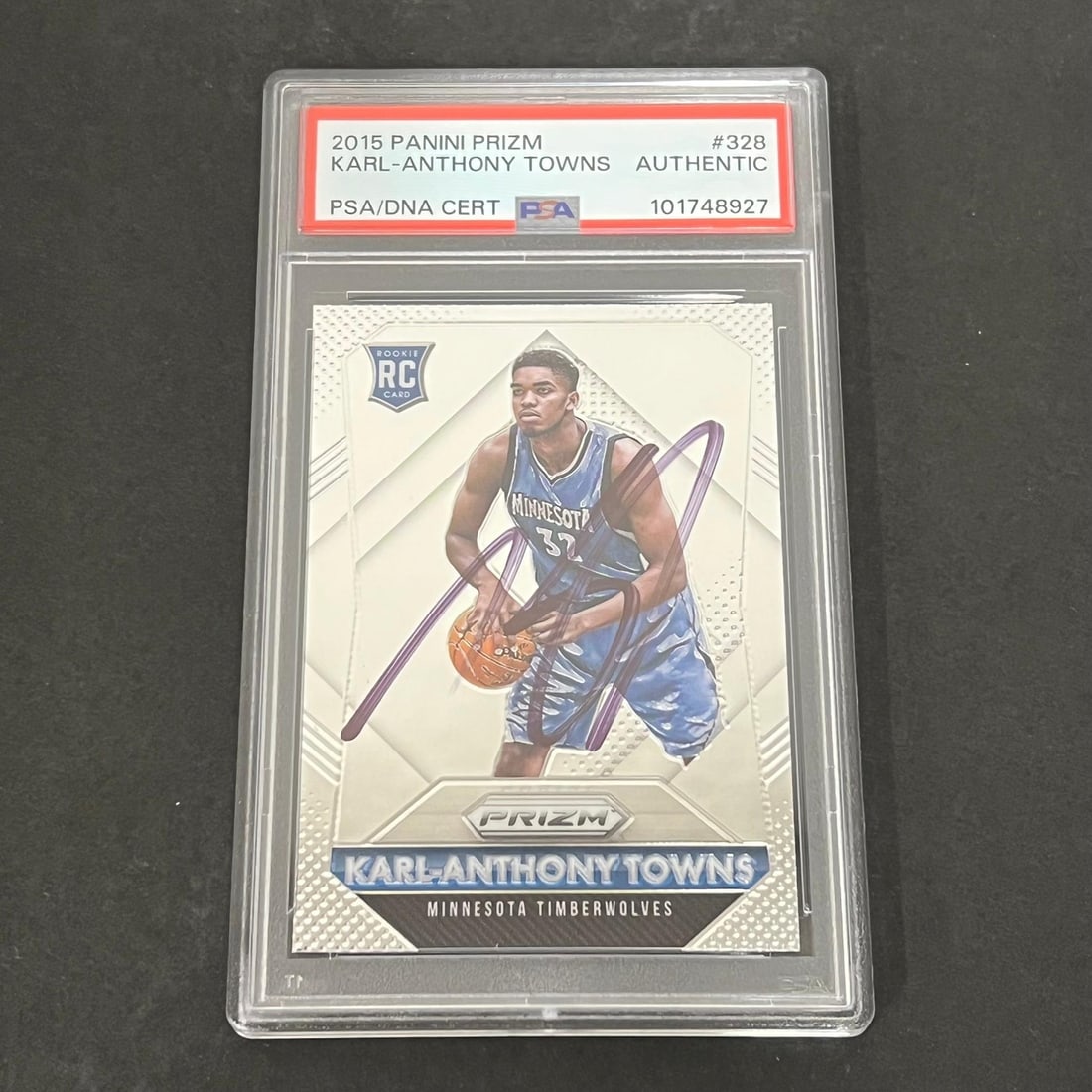 2015-16 Panini Prizm #328 Karl-Anthony Towns Autographed PSA Card: 2015-16 Panini Prizm #328 Karl-Anthony Towns Autographed PSA Card This is a 2015-2016 Panini Prizm #328 sports trading card featuring the autograph of Karl-Anthony Towns, a prominent player from the M