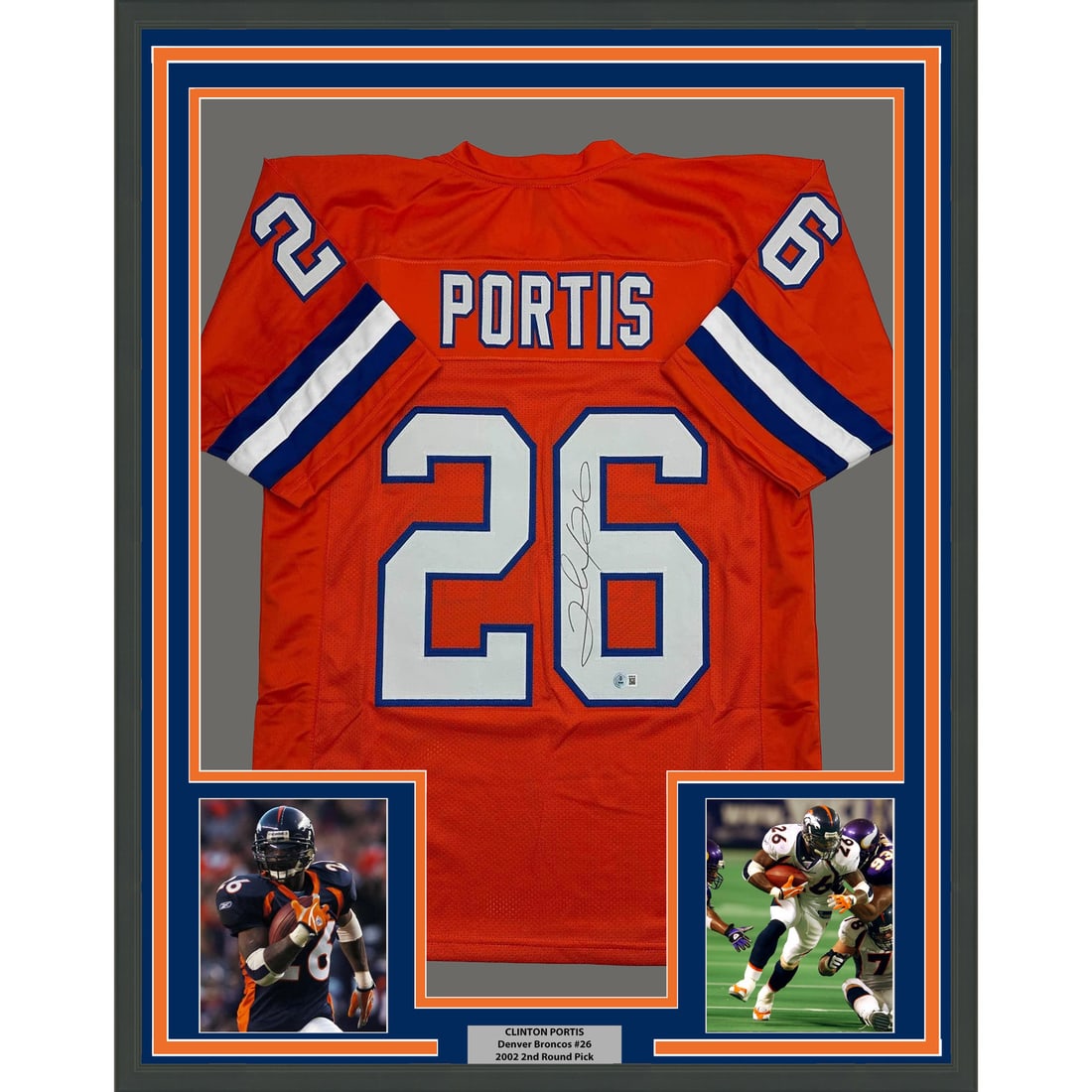 35x39 Framed Clinton Portis Signed Denver Broncos Jersey Beckett COA: 35x39 Framed Clinton Portis Signed Denver Broncos Jersey Beckett COA Professionally framed and matted autographed Clinton Portis Denver orange jersey display with two 5x7 photos. This original NFL mem