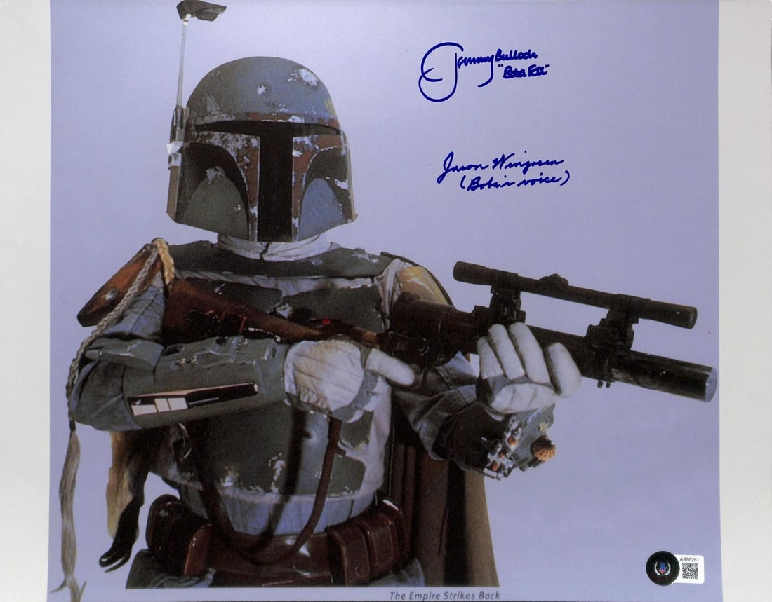 Beckett authenticated 11x14 Boba Fett photo signed by Jeremy Bulloch Jason Wingreen: Beckett authenticated 11x14 Boba Fett photo signed by Jeremy Bulloch Jason Wingreen This is a multi-signed 11x14 photograph from Star Wars: The Empire Strikes Back featuring Boba Fett. It is hand-sign