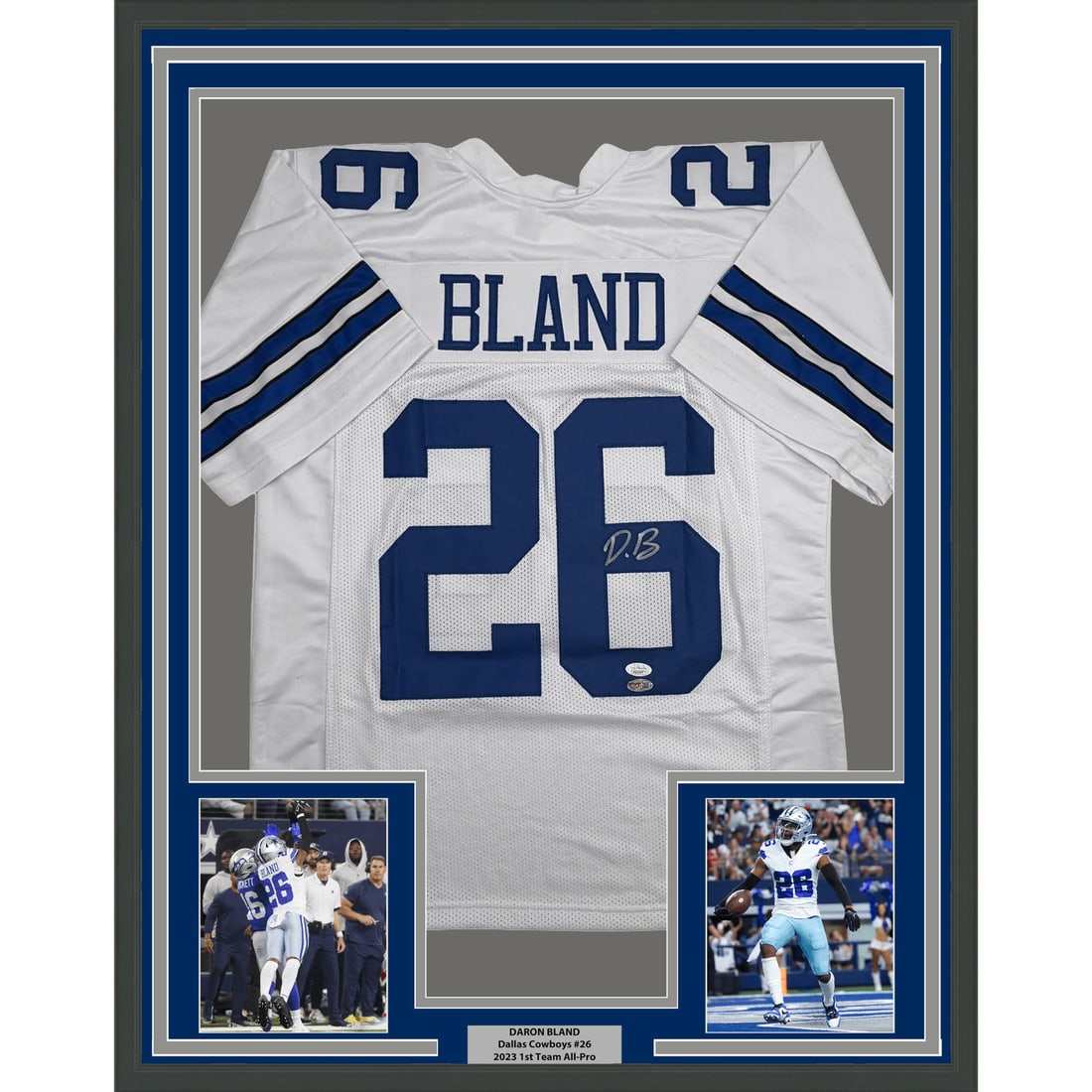 Framed Dallas Cowboys Daron Bland autographed white jersey JSA COA 35x39: Framed Dallas Cowboys Daron Bland autographed white jersey JSA COA 35x39 This professionally framed and matted Dallas Cowboys football jersey features the authentic autograph of Daron Bland. The displ
