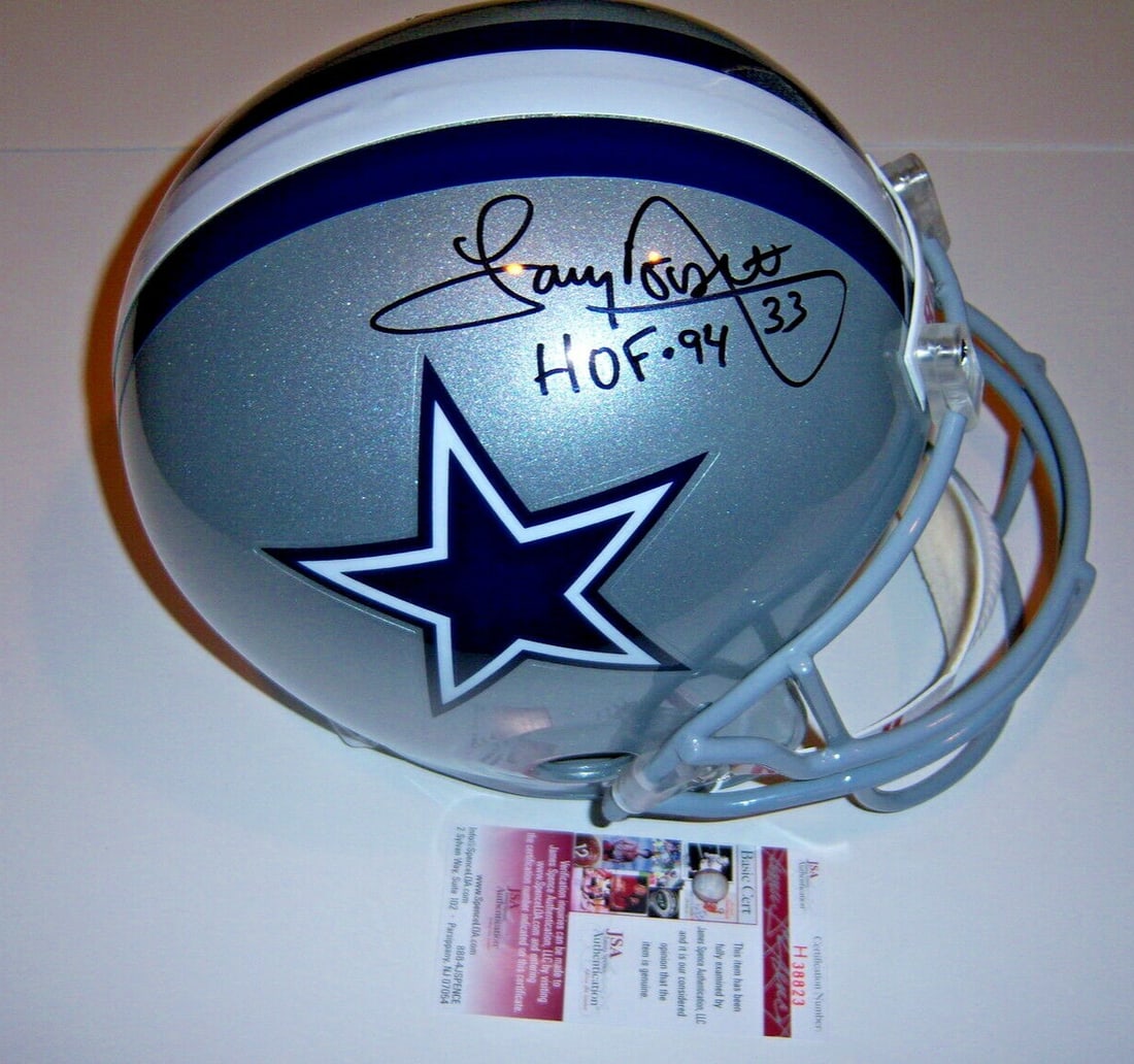 Tony Dorsett Signed Dallas Cowboys Full Size Replica Helmet JSA COA: Tony Dorsett Signed Dallas Cowboys Full Size Replica Helmet JSA COA This is a full-size replica helmet featuring the Dallas Cowboys and Pittsburgh, signed by Tony Dorsett. The helmet comes with JSA/CO