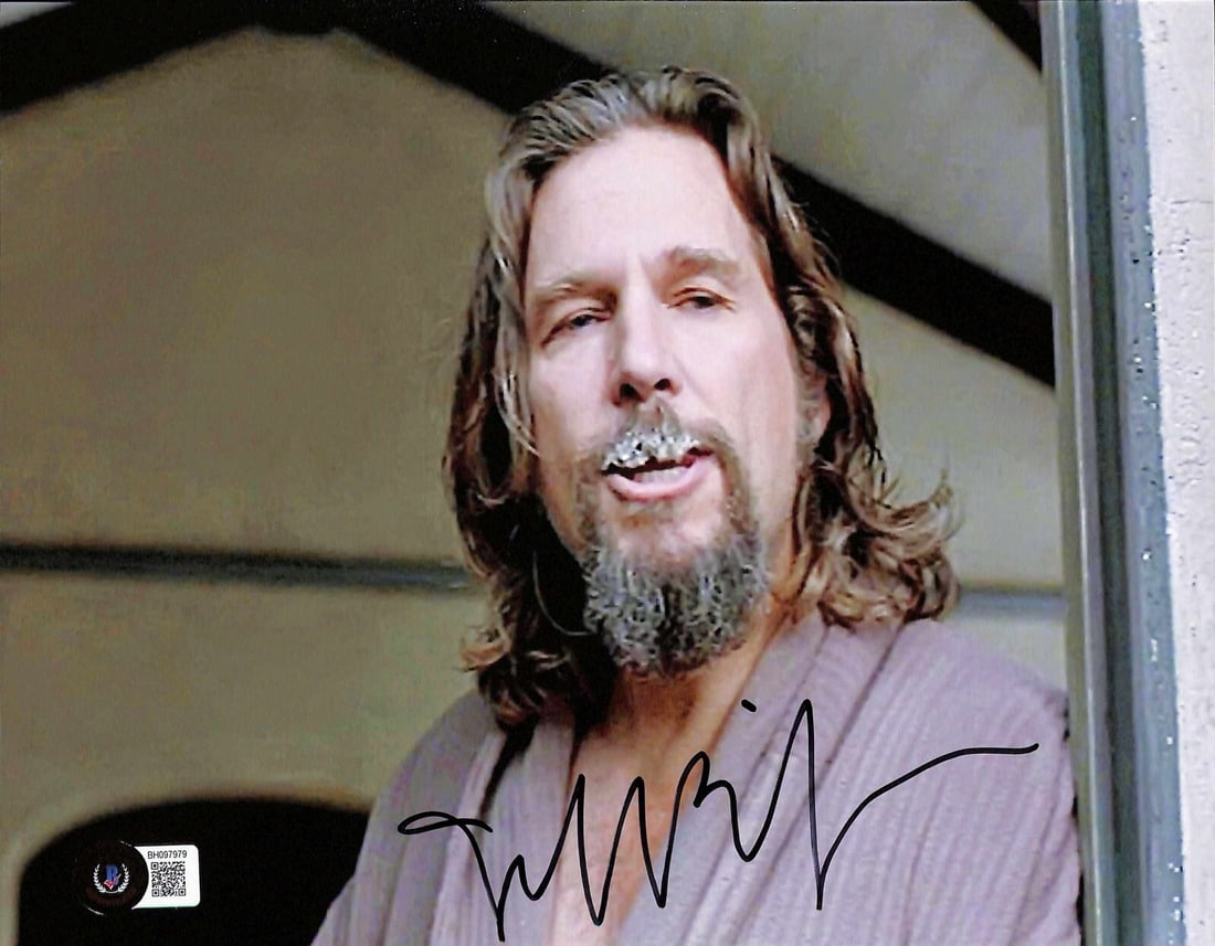 Jeff Bridges Autographed 8x10 Photo from The Big Lebowski Beckett Authenticated: Jeff Bridges Autographed 8x10 Photo from The Big Lebowski Beckett Authenticated This is an original 8x10 photograph autographed by Jeff Bridges, who portrayed "The Dude" in the film The Big Lebowski. 
