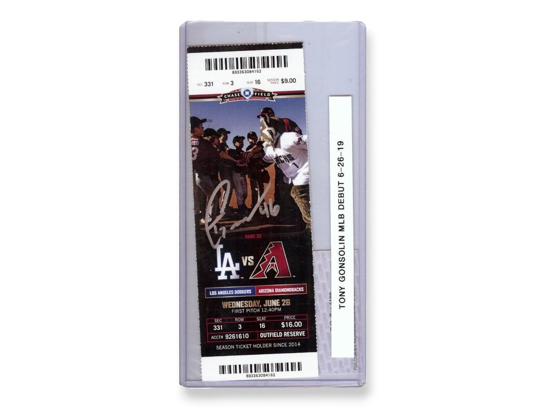 Tony Gonsolin Autographed Ticket Stub Dodgers MLB Debut PSA/DNA: Tony Gonsolin Autographed Ticket Stub Dodgers MLB Debut PSA/DNA Celebrate the debut of Tony Gonsolin with this autographed ticket stub from his Major League Baseball debut on June 26, 2019. This origi