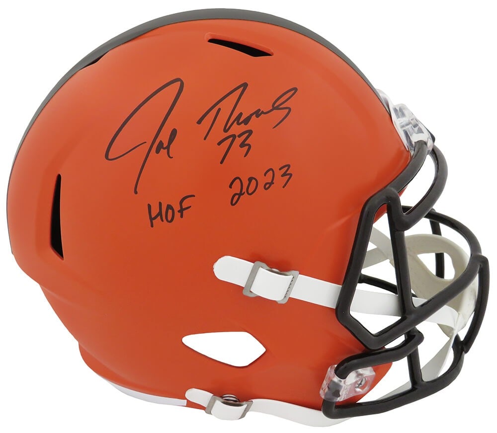 Joe Thomas Signed Cleveland Browns Helmet HOF 2023 with COA: Joe Thomas Signed Cleveland Browns Helmet HOF 2023 with COA This is a signed Riddell full-size speed replica helmet featuring the autograph of Joe Thomas, a renowned player for the Cleveland Browns. T