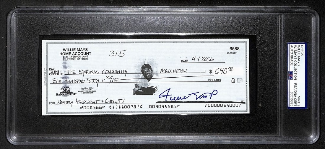 2006 Willie Mays HOF autographed bank check PSA DNA Mint 9: 2006 Willie Mays HOF autographed bank check PSA DNA Mint 9 Original Willie Mays Hall of Fame signed 2006 bank check with a clean, bold autograph. The autograph is authenticated by PSA/DNA, graded MINT