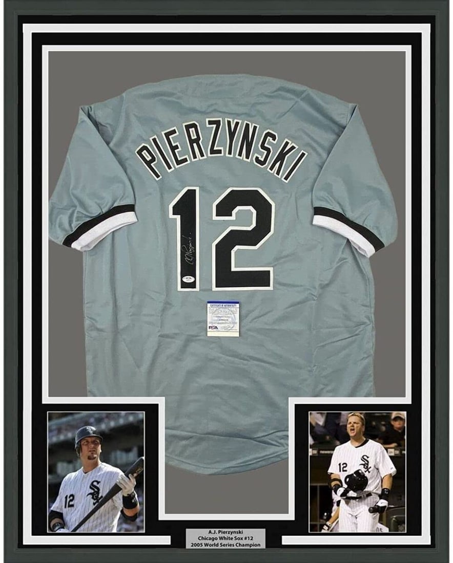 Framed Autographed A.J. Pierzynski Jersey with PSA COA 33x42: Framed Autographed A.J. Pierzynski Jersey with PSA COA 33x42 This professionally framed and matted A.J. Pierzynski baseball jersey measures 33" x 42" and features two 8x10 photos, making it a striking