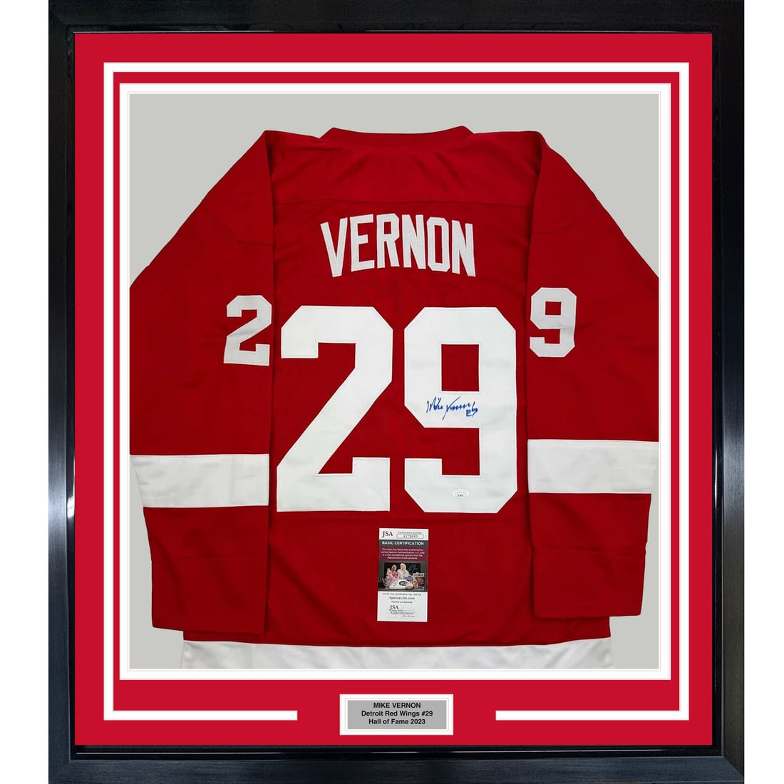 Framed Mike Vernon Autographed Detroit Red Wings Jersey with JSA COA: Framed Mike Vernon Autographed Detroit Red Wings Jersey with JSA COA This framed autographed Mike Vernon Detroit Red Wings hockey jersey is a must-have for any hockey fan. Measuring 35x39 inches, it f