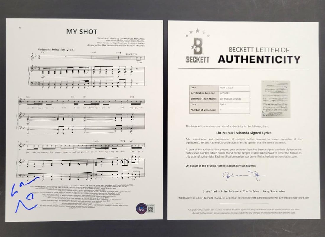 Beckett Authenticated Lin-Manuel Miranda Hamilton My Shot Signed Music Sheet (1 of 6)