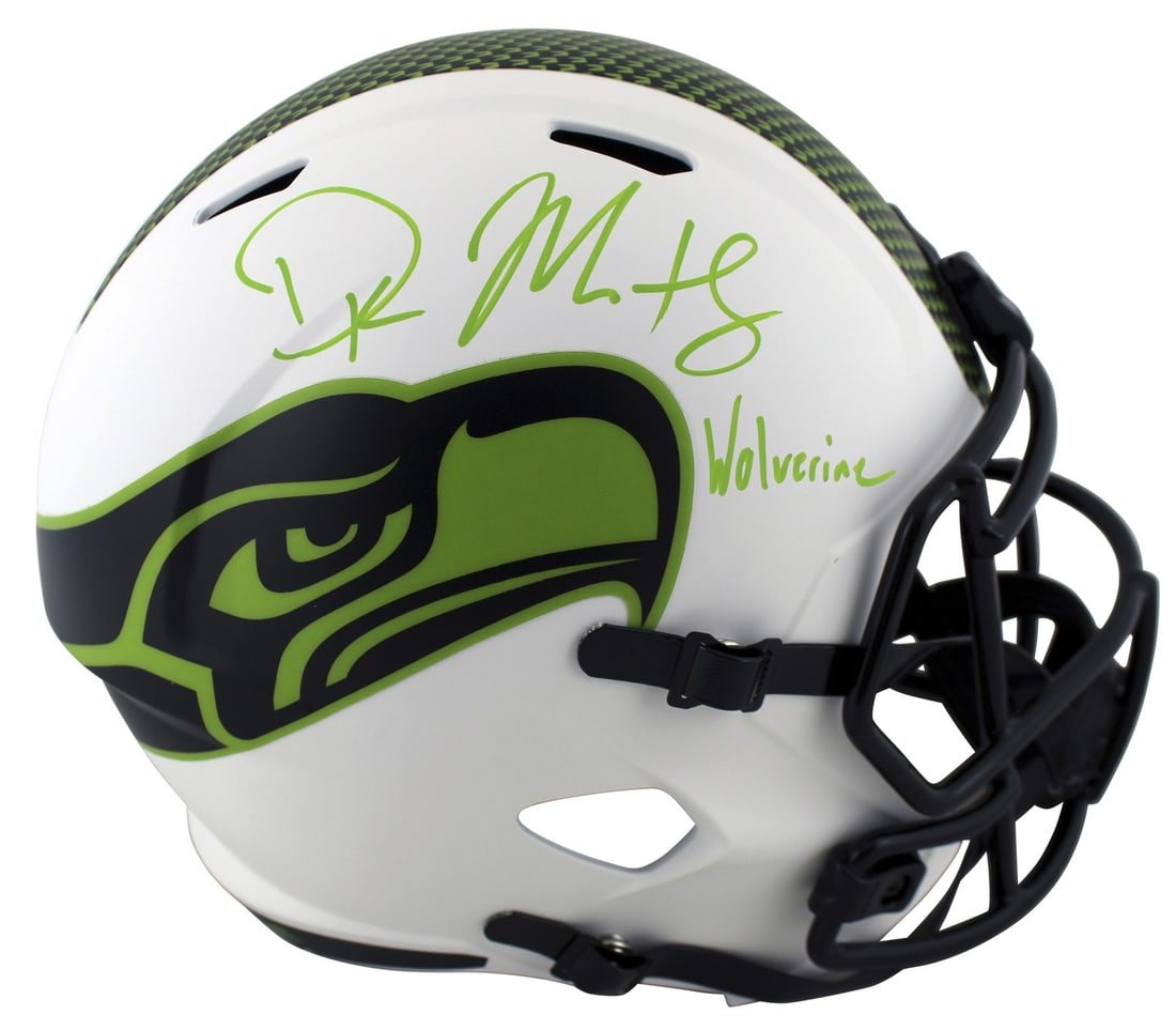 D.K. Metcalf Signed Seahawks Lunar Helmet with Wolverine Inscription BAS: D.K. Metcalf Signed Seahawks Lunar Helmet with Wolverine Inscription BAS This autographed Seattle Seahawks Lunar Riddell Authentic Full Size Speed Proline Helmet has been personally signed by star pla
