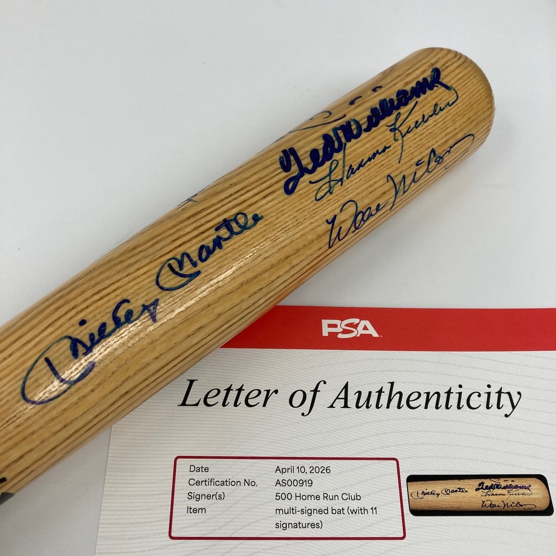 PSA authenticated 500 Home Run Club autographed Rawlings baseball bat: PSA authenticated 500 Home Run Club autographed Rawlings baseball bat This is an original Rawlings baseball bat honoring the 500 Home Run Club, signed by eleven of baseball's most prolific sluggers. T