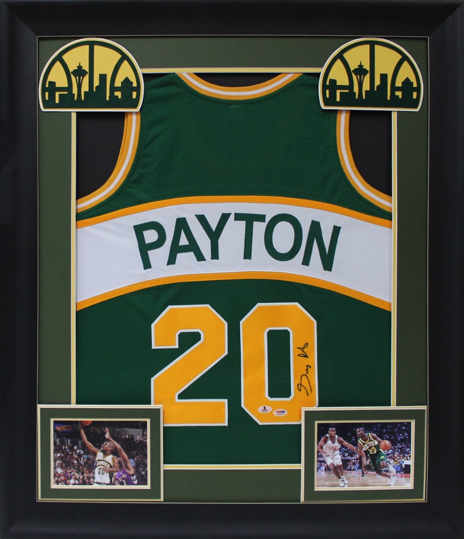 Gary Payton Signed Green Framed Jersey Seattle Supersonics BAS Authenticated (1 of 2)